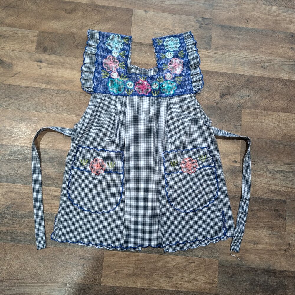 Handmade Blue Apron (Mandil) from Oaxaca, Colorful Embroidered Flowers & pockets